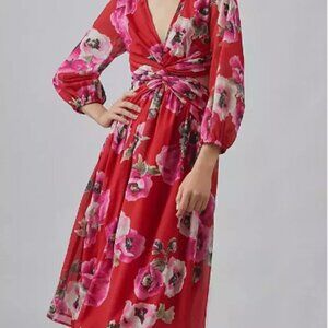 Fall Floral Cut Out Midi Red Long Sleeve Anthropologie Dress L